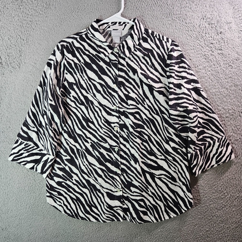 Chico's Linen Shirt Top Women Size 1 Small Button Up Geometric Black White
